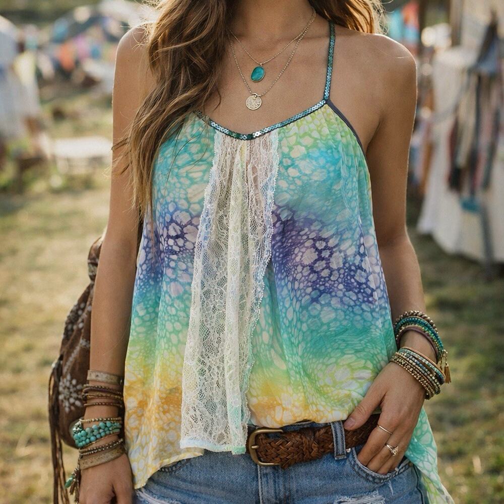 Y2K Free People Sequin Lace Cami Sheer Boho Festival Tie Dye Sz Medium‎ Chiffon